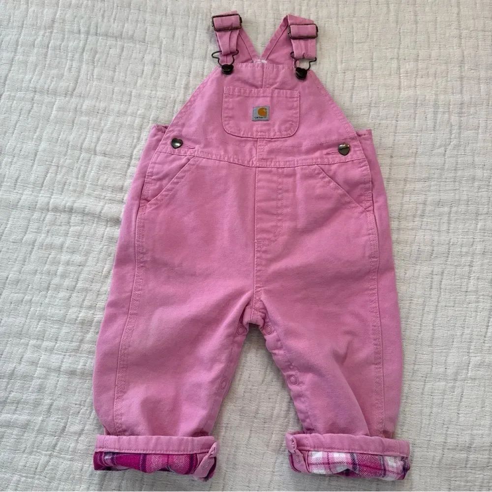 Carhartt Toddler Pink Canvas Bib Overalls Size 12 Months Flannel Lined Bibs
